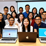 **Image Prompt:** A diverse group of Malaysians participating in a digital marketing workshop. Laptops are open, showcasing social media analytics dashboards and creative content creation software like Adobe Creative Suite. The setting is a modern co-working space, reflecting Malaysia's evolving job market and the importance of digital skills. Focus on capturing the energy and enthusiasm of lifelong learning.