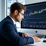 A thoughtful male professional in a modest business suit, seated at a modern desk, gazing pensively at a digital interface displaying subtle data visualizations, representing the fast-paced evolution of technology and careers. The background is a clean, contemporary office environment with soft lighting. fully clothed, appropriate attire, safe for work, perfect anatomy, correct proportions, natural pose, professional dress, well-formed hands, proper finger count, natural body proportions, professional photography, high quality, family-friendly.