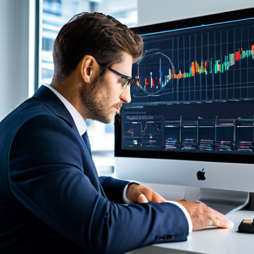 A thoughtful male professional in a modest business suit, seated at a modern desk, gazing pensively at a digital interface displaying subtle data visualizations, representing the fast-paced evolution of technology and careers. The background is a clean, contemporary office environment with soft lighting. fully clothed, appropriate attire, safe for work, perfect anatomy, correct proportions, natural pose, professional dress, well-formed hands, proper finger count, natural body proportions, professional photography, high quality, family-friendly.